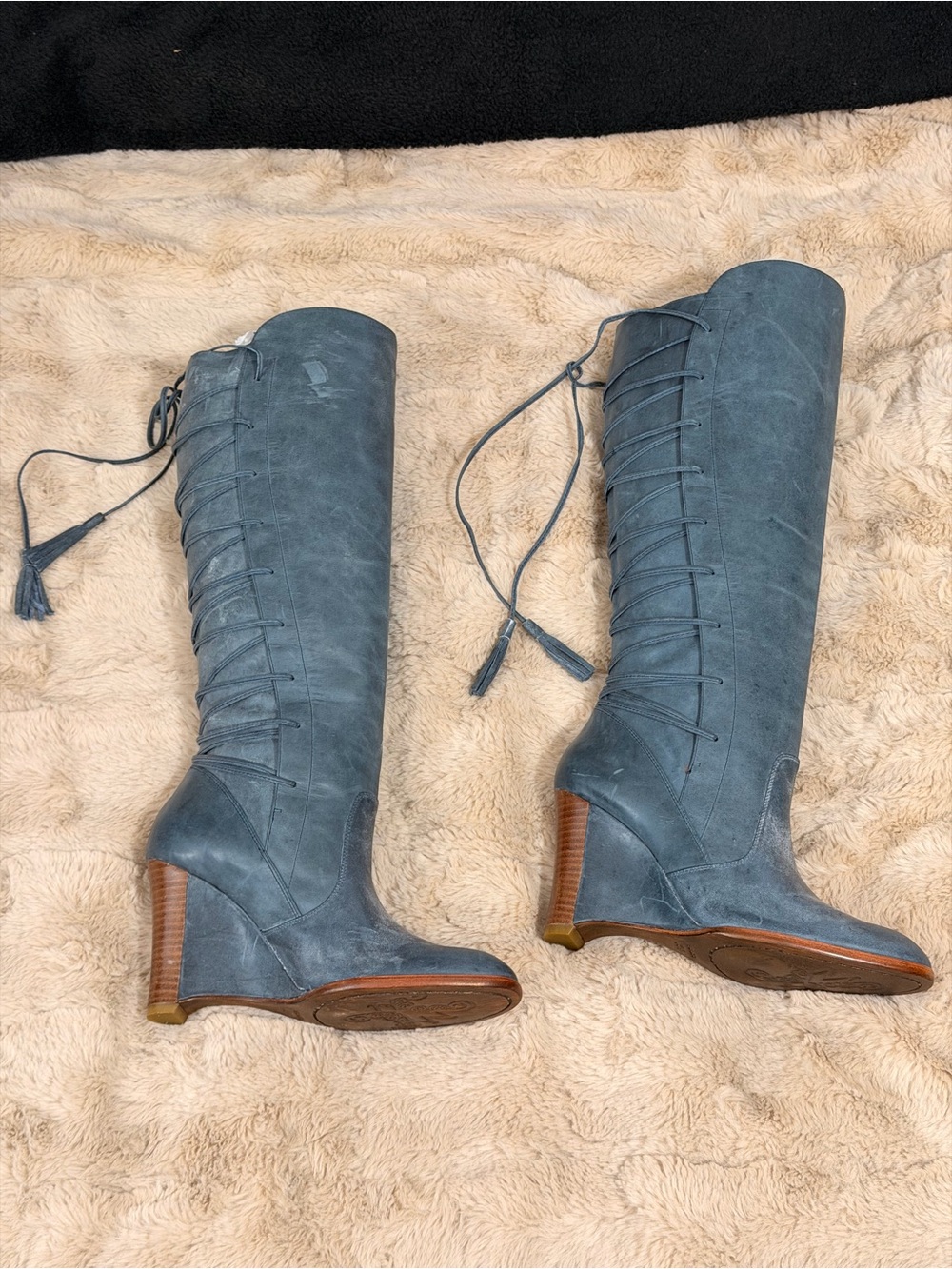 Modern Vintage Slate Blue Lace-Up Knee-High Wedge Boots Sz 6 1/2